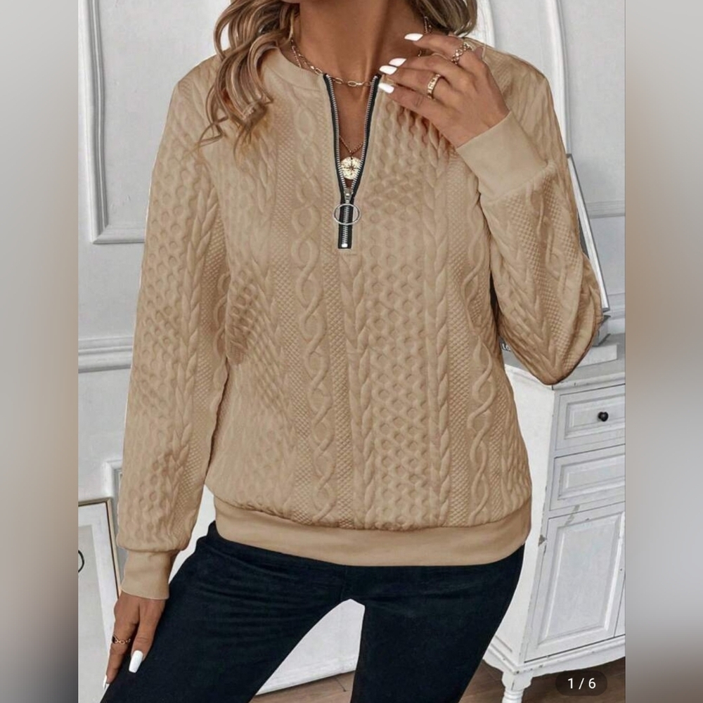 SHEIN Pullover Sweater Quarter-Zip Cable Knit Beige Size M